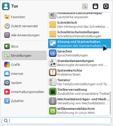Einstellungen zu Sitzung und Startverhalten